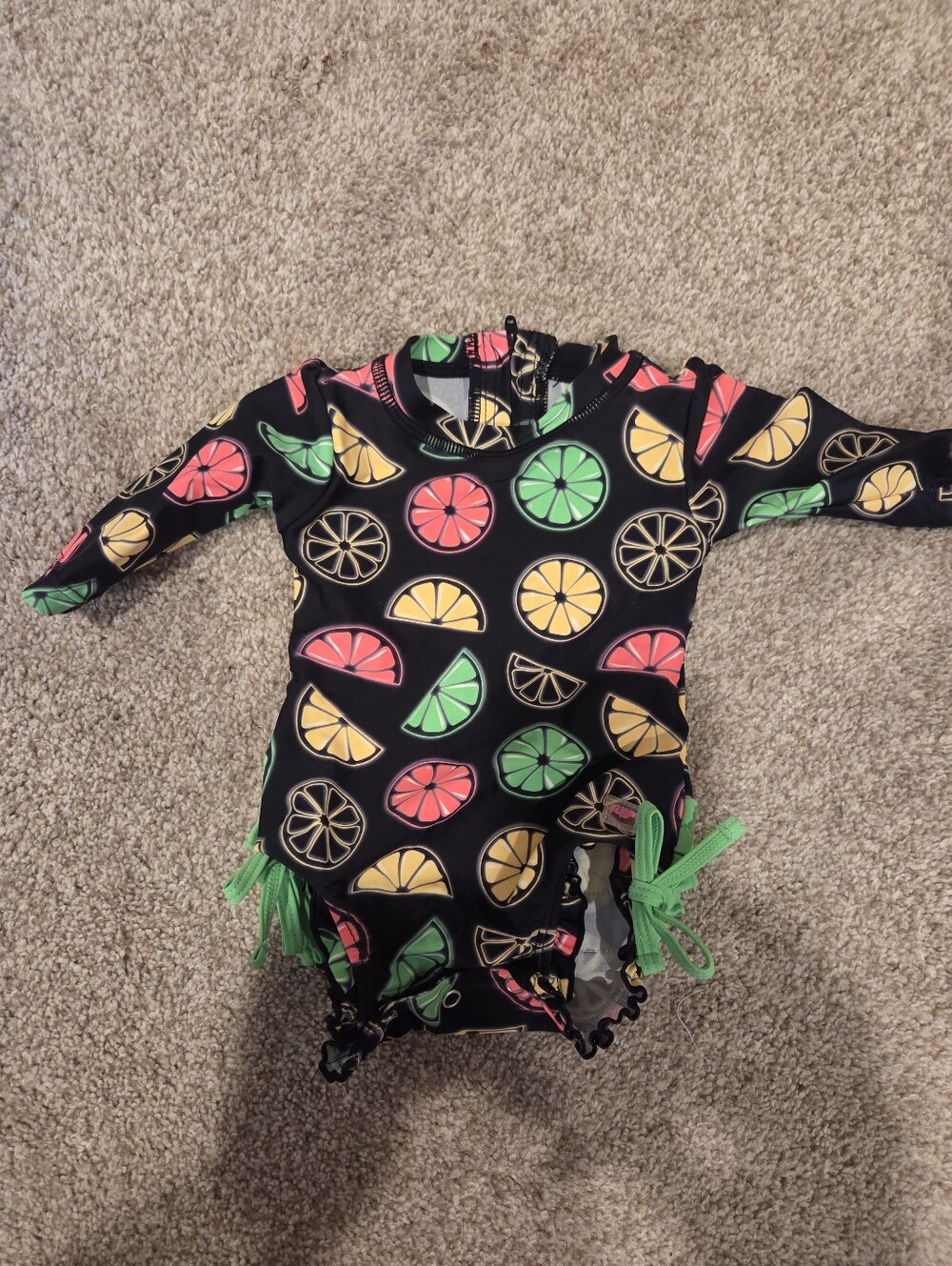 RuffleButts Citrus Slice Long Sleeve One-Piece Rash Guard Swimsuit - 0-3M